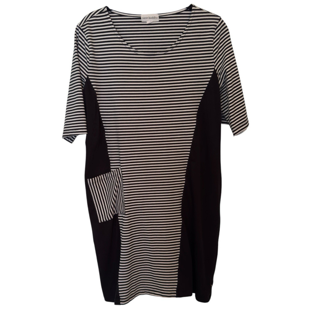 Neon Buddha Good Vibes Dress Size L Black White Striped Knee Length 100% Cotton